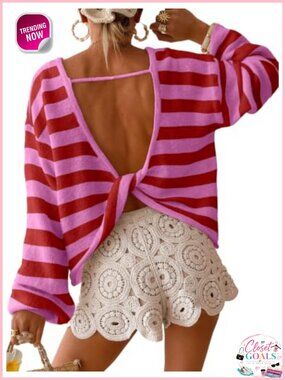 Striped Open Back Twist Knot Pullover Sweater Long Sleeve Crew Neck